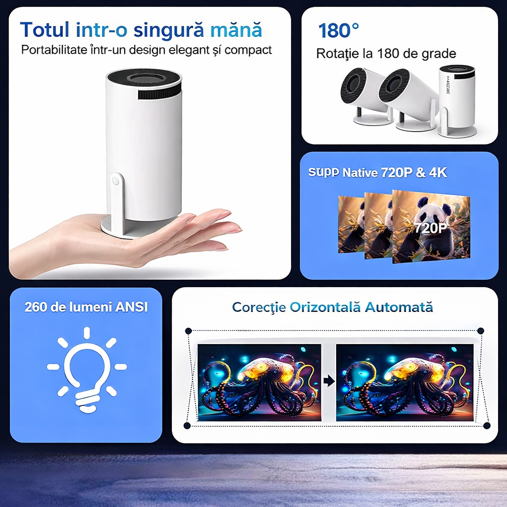 Kopac™ ORIGINAL Video Proiector Portabil Smart 4K Ultra HDWiFi6, Autofocus + 2 ANI GARANTIE