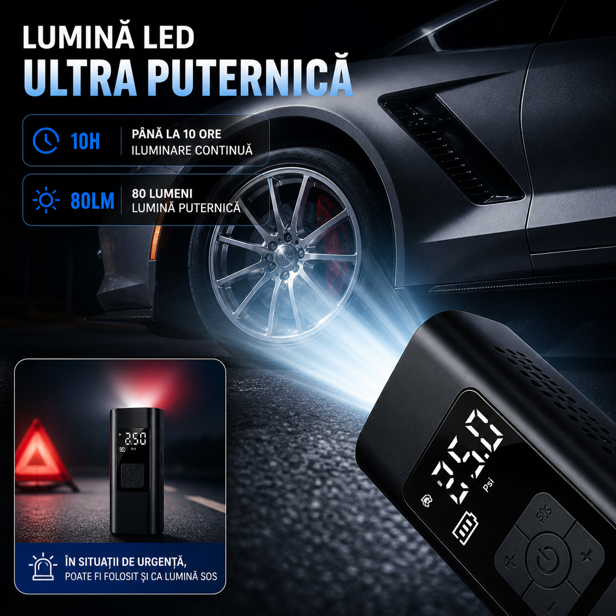 Kopac™ Compresor Auto portabil ,Wireless, 150 PSI, 20 L/min, 3x2000 mAh, Negru 