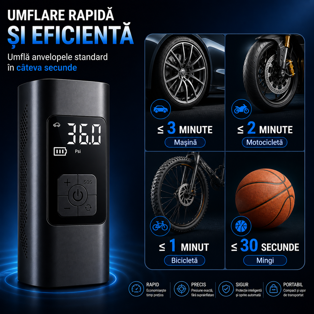 Kopac™ Compresor Auto portabil ,Wireless, 150 PSI, 20 L/min, 3x2000 mAh, Negru 