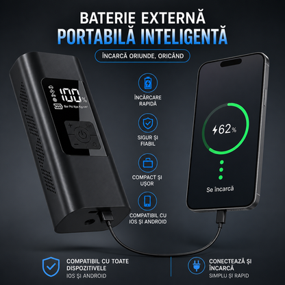 Kopac™ Compresor Auto portabil ,Wireless, 150 PSI, 20 L/min, 3x2000 mAh, Negru 