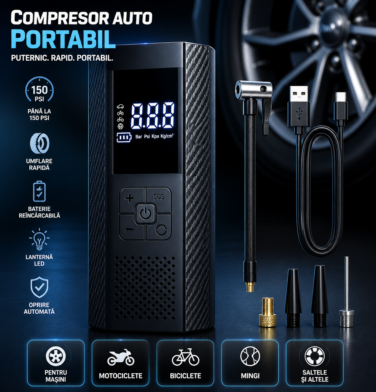Kopac™ Compresor Auto portabil ,Wireless, 150 PSI, 20 L/min, 3x2000 mAh, Negru 