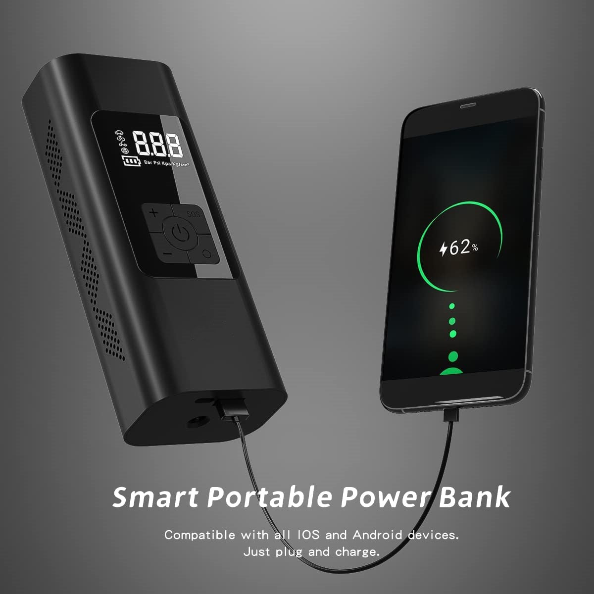 Kopac™ Compresor Auto portabil ,Wireless, 150 PSI, 20 L/min, 3x2000 mAh, Negru