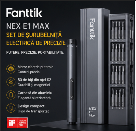 Set surubelnita electrica/manuala Fanttik E1 Max, 200rpm, 50 capete interschimbabile, 350mAh, USB-C, Gri