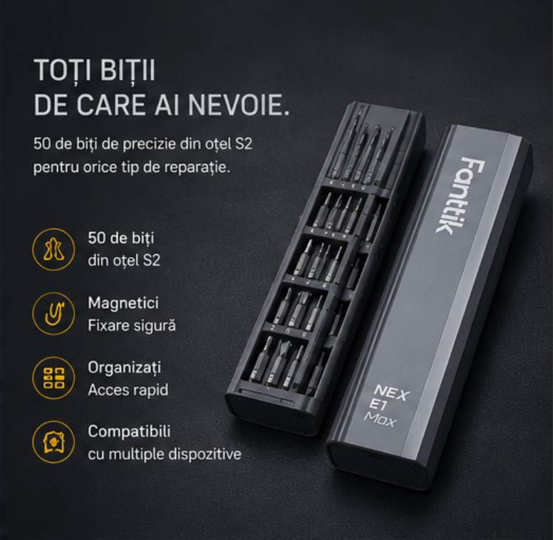 Set surubelnita electrica/manuala Fanttik E1 Max, 200rpm, 50 capete interschimbabile, 350mAh, USB-C, Gri